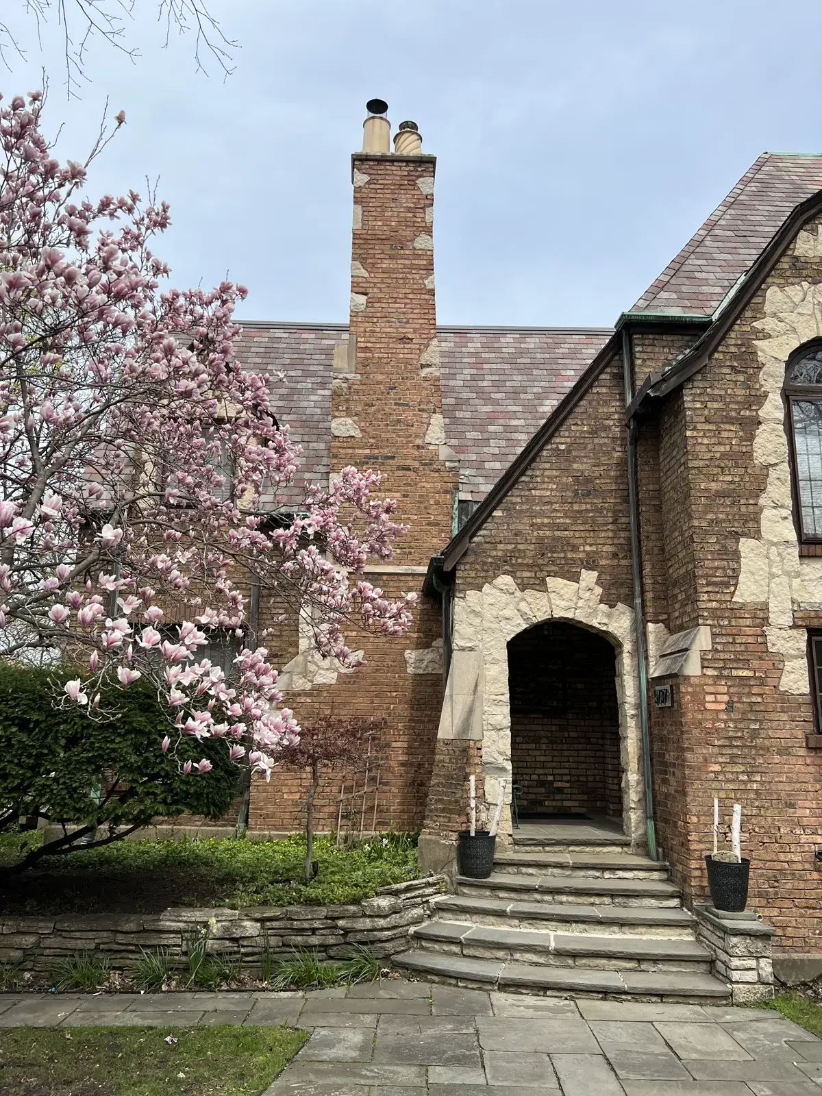 Brick Chicago chimney rising above a roofline with magnolia tree in bloom
