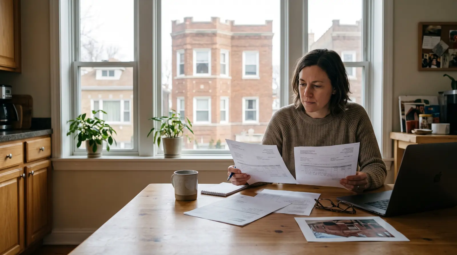 Chicago homeowner at a kitchen table reviewing masonry contractor estimates, with brick two-flats visible through the window
