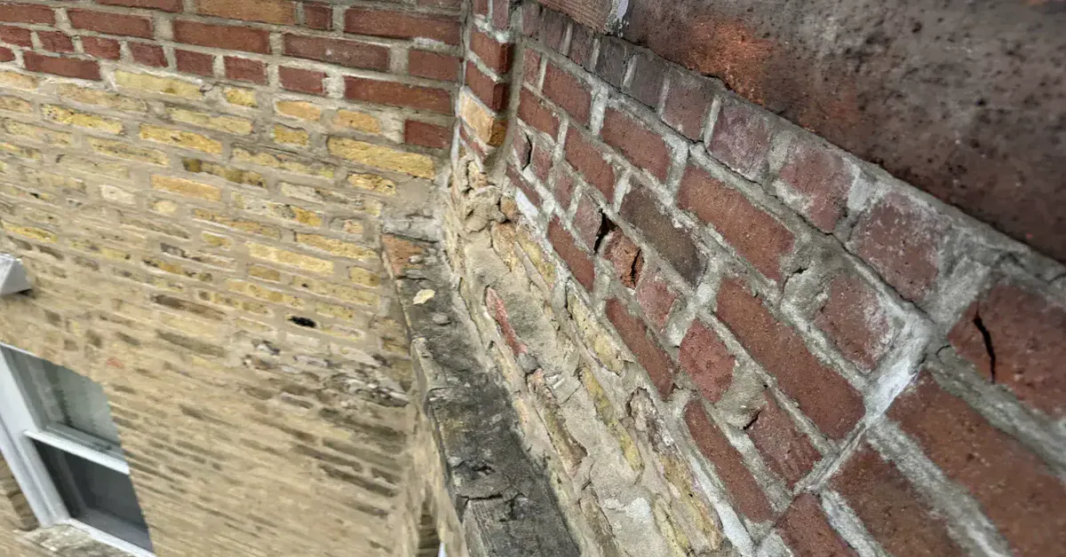 Spalled brick face on a Chicago building column where the outer surface has flaked off down to the substrate, leaving the wall open to water entry